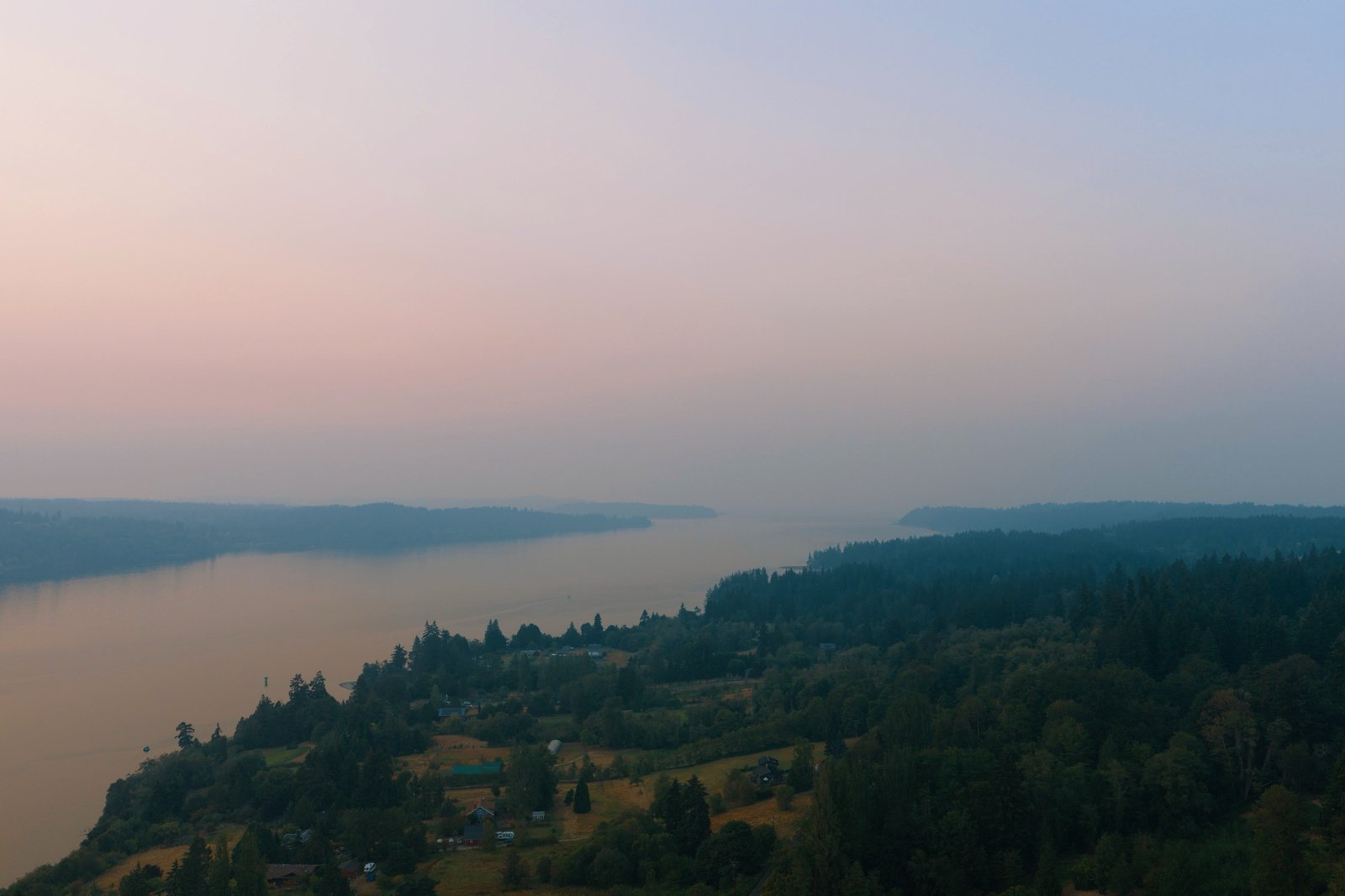 Quartermaster Harbor and the passages off Vashon Island at dusk, from the air