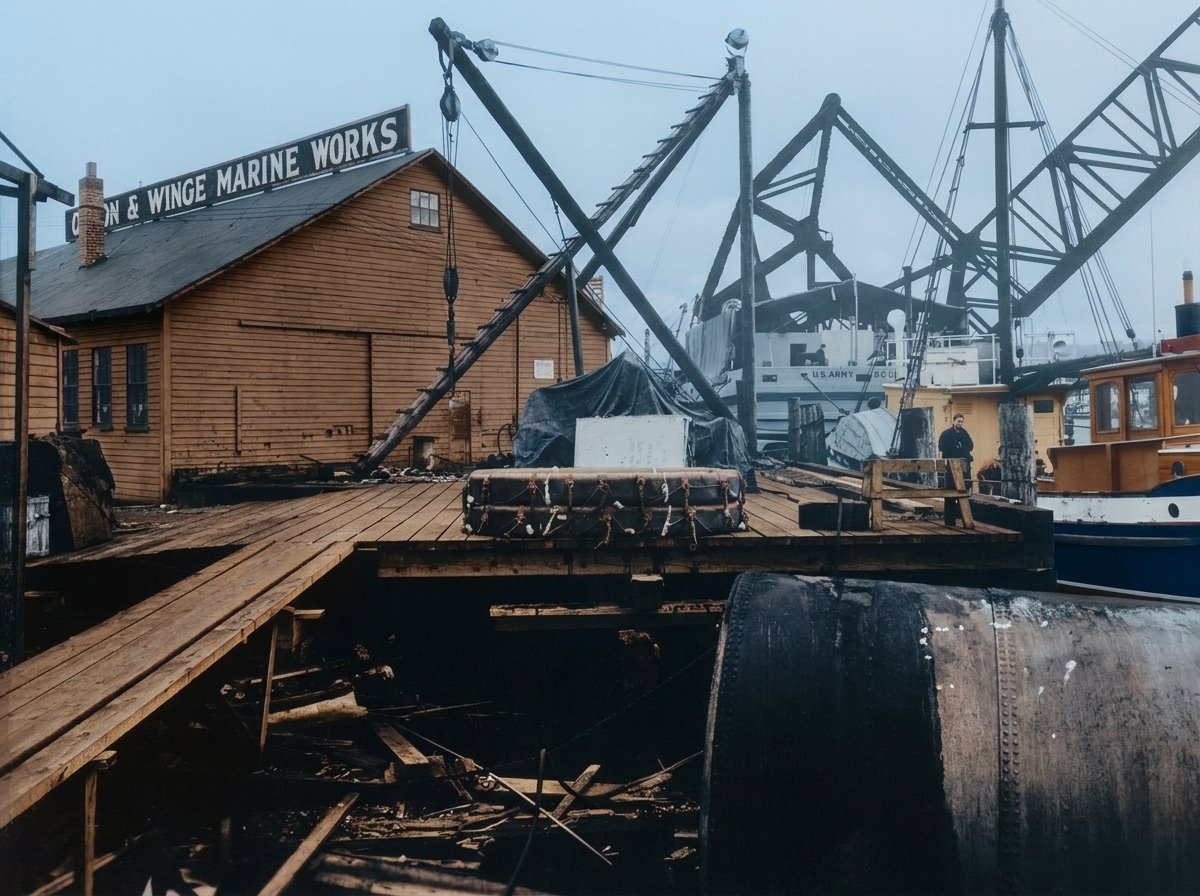 Booms and cranes over the Olson & Winge dock, recolored
