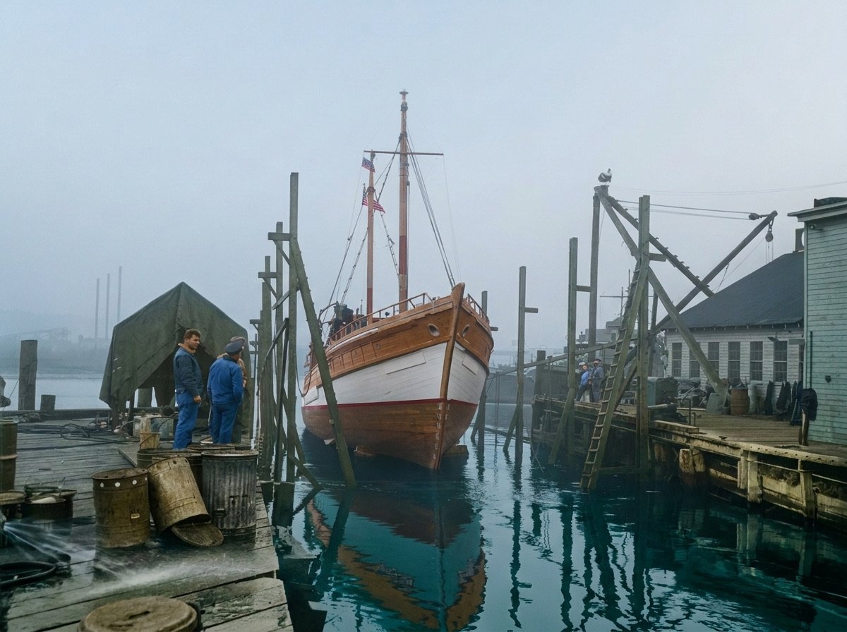 A wooden hull in the slings on the Ballard rail, recolored