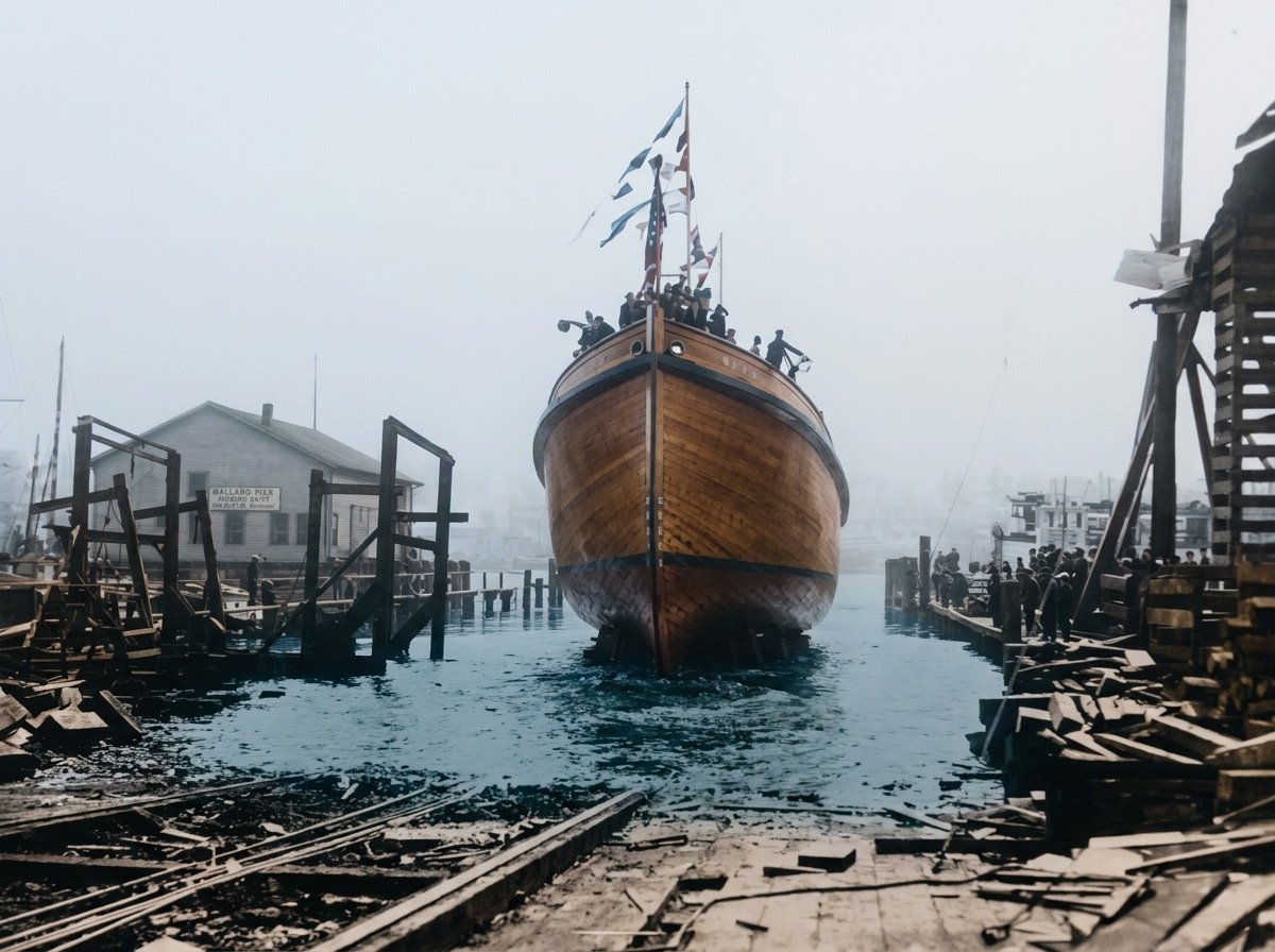The ocean tug Mahoe launching at Ballard, April 1925, recolored