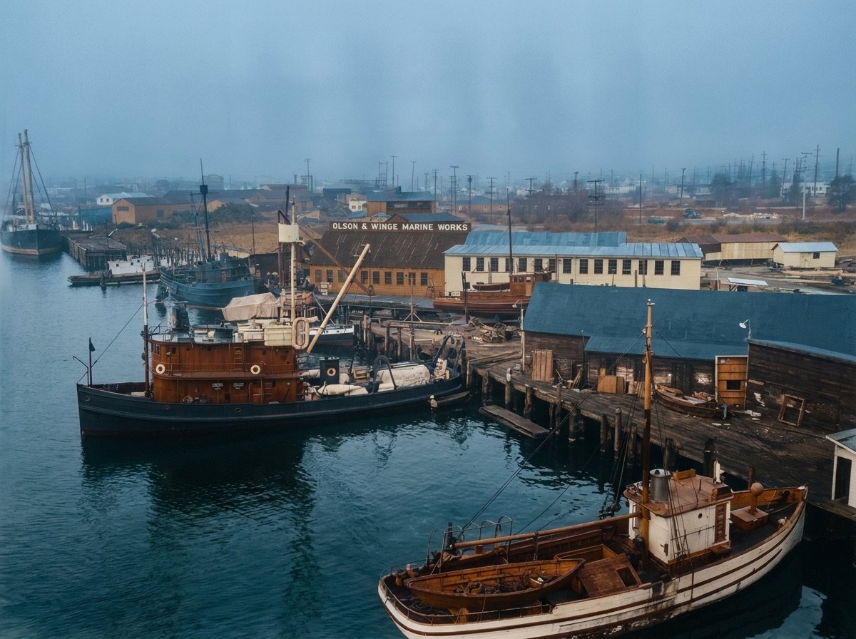 Salmon Bay boatyards in the fog — Olson & Winge Marine Works, recolored
